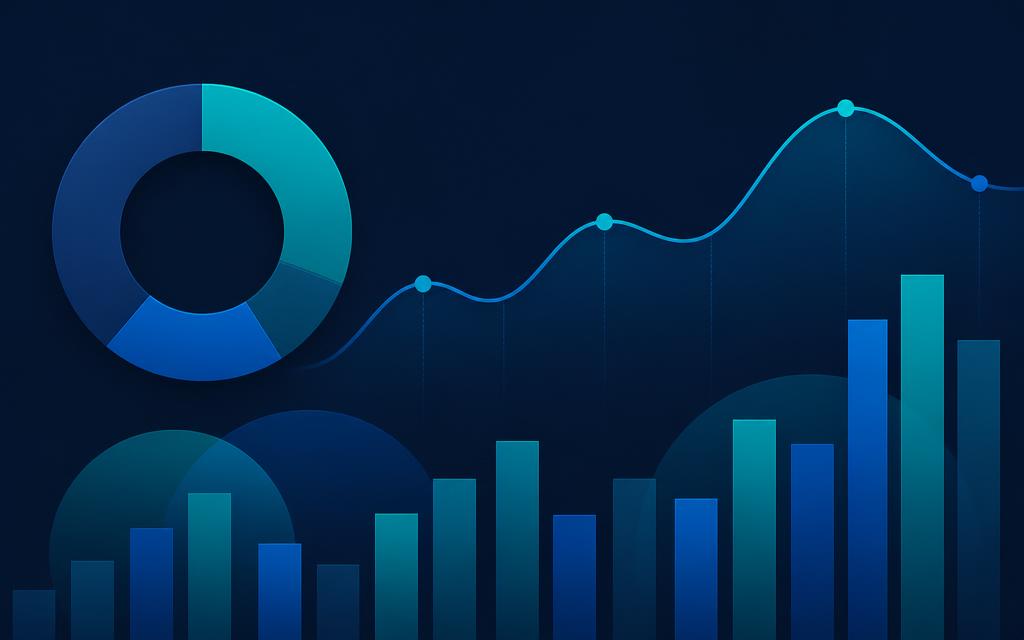 Abstract retail sales analytics visual with donut, line, and bar chart motifs in teal and blue