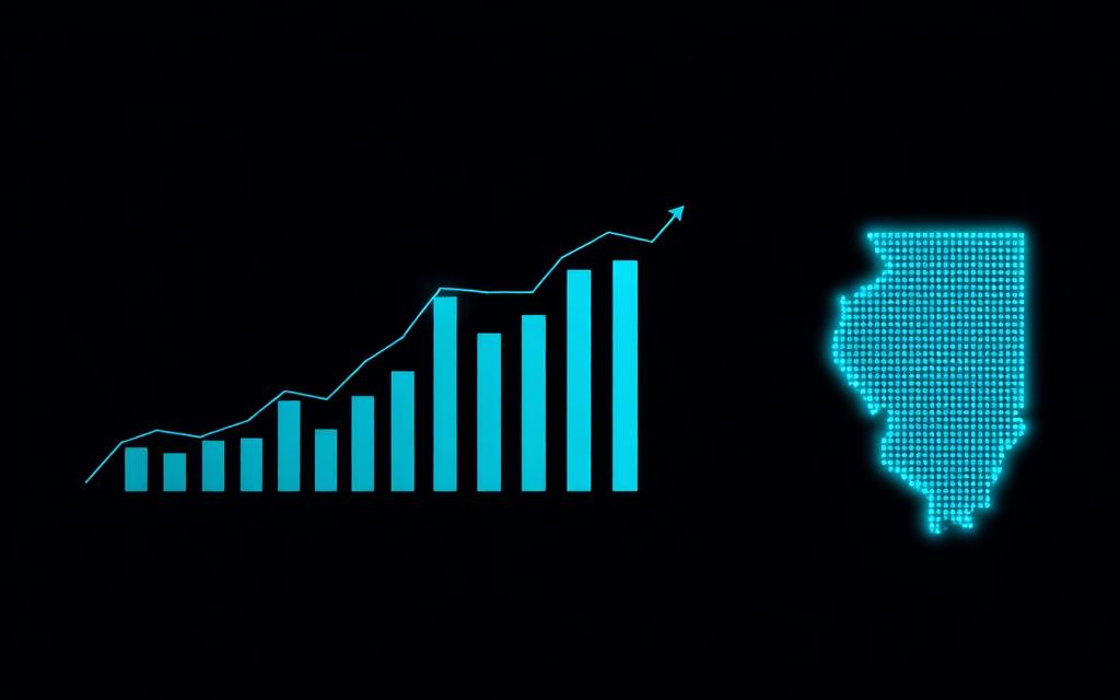 Sales analytics visualization with a heat map of Illinois, bar charts, and a donut chart